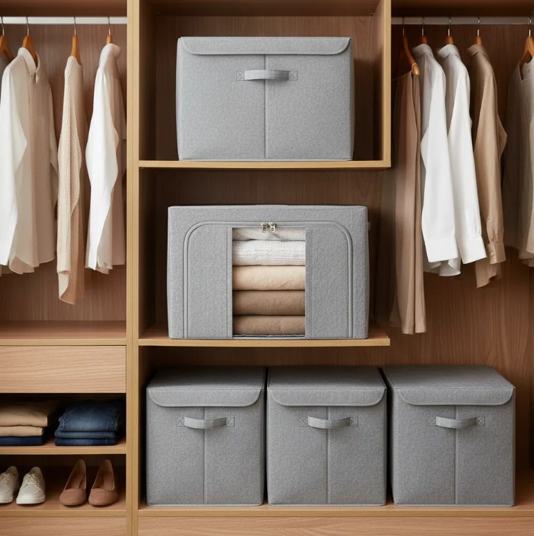 Caja Tela Plegable Multiuso Organizadora De Ropa GRIS O BEIGE - Imagen 4